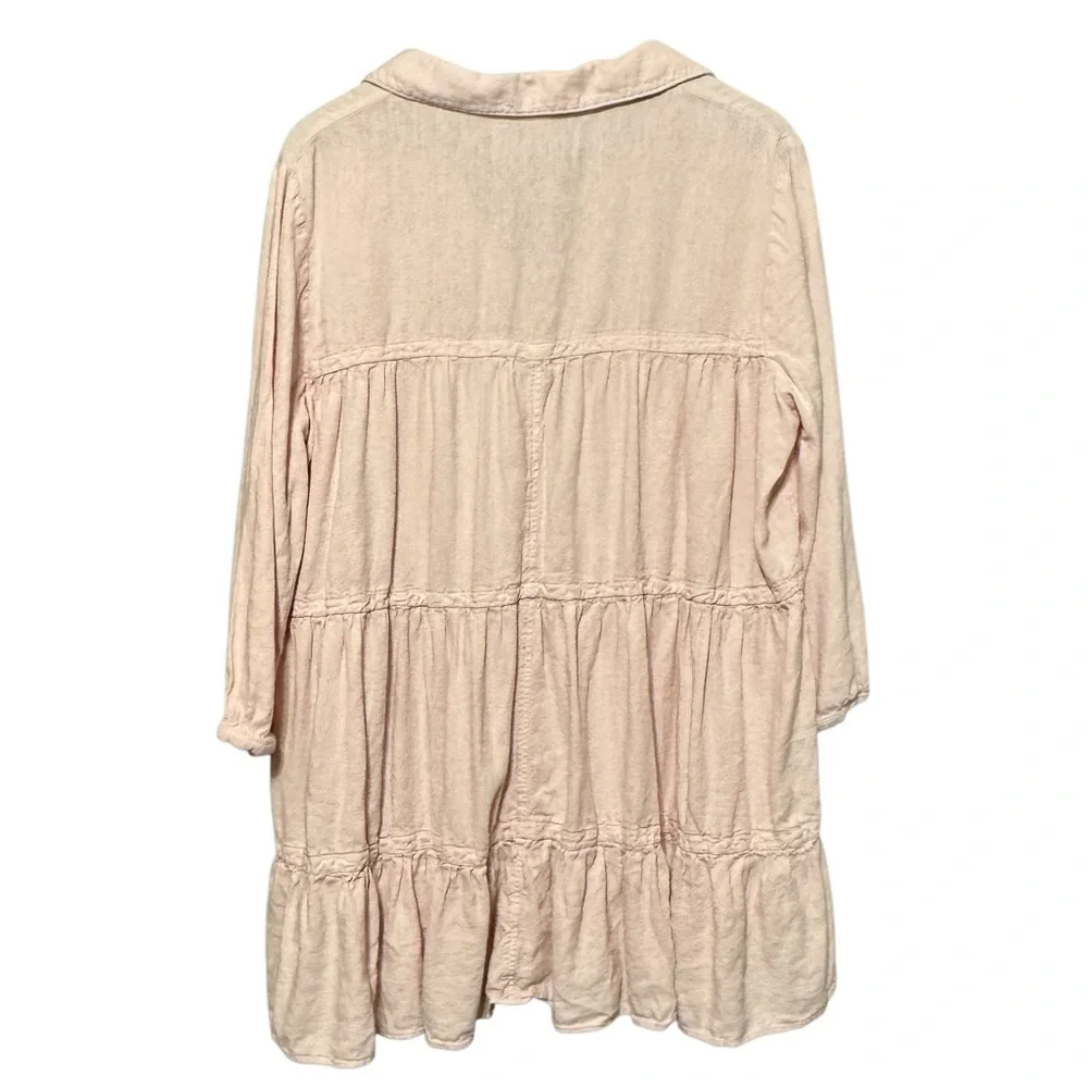 ZARA Linen Blend Pink Pastel Tiered Babydoll Button Collared Neckline Mini Dress - Picture 9 of 10